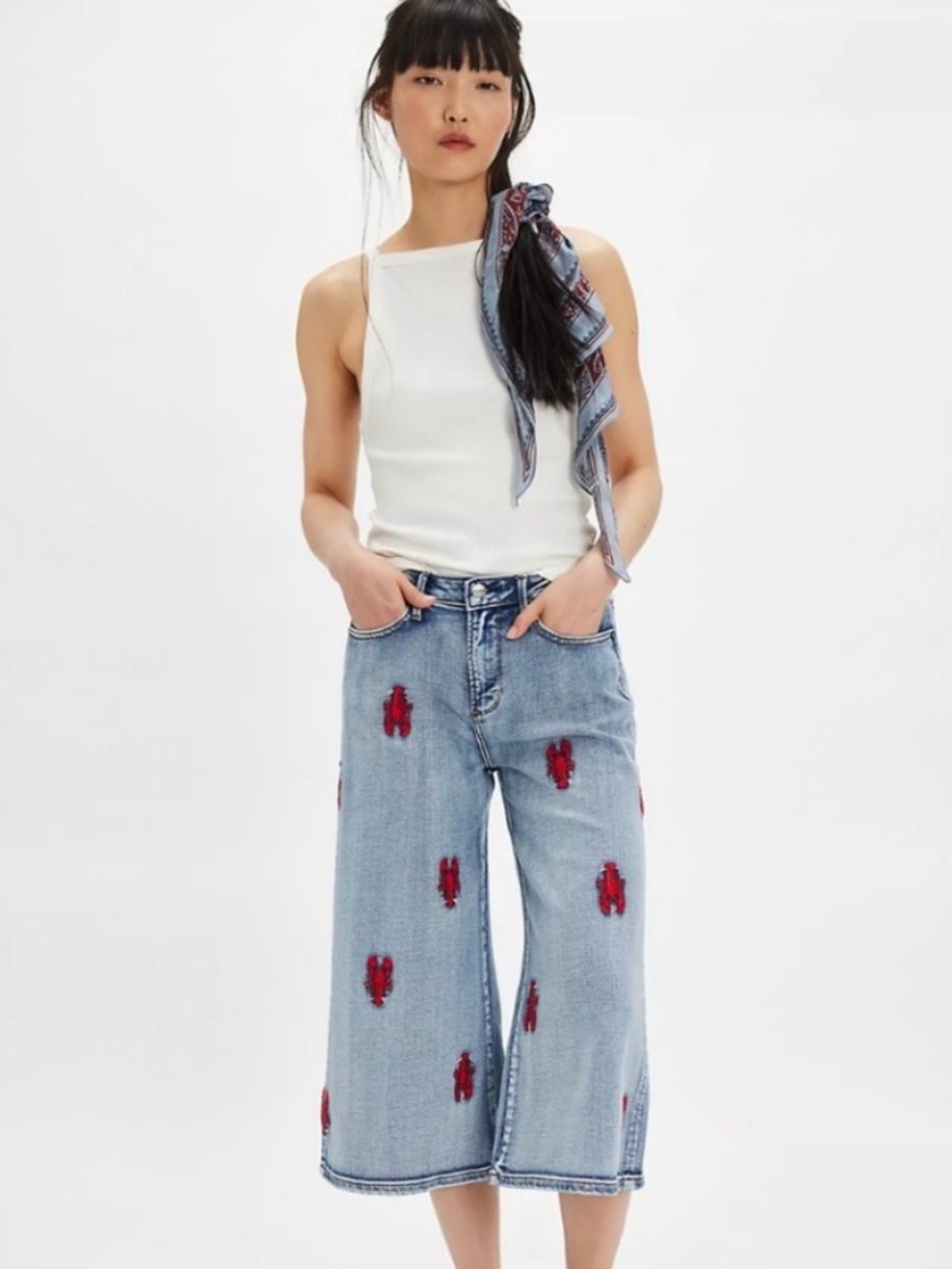 NEW Driftwood Ayla Culotte Jeans Seaside Social Embroidered Lobster Print size 4
